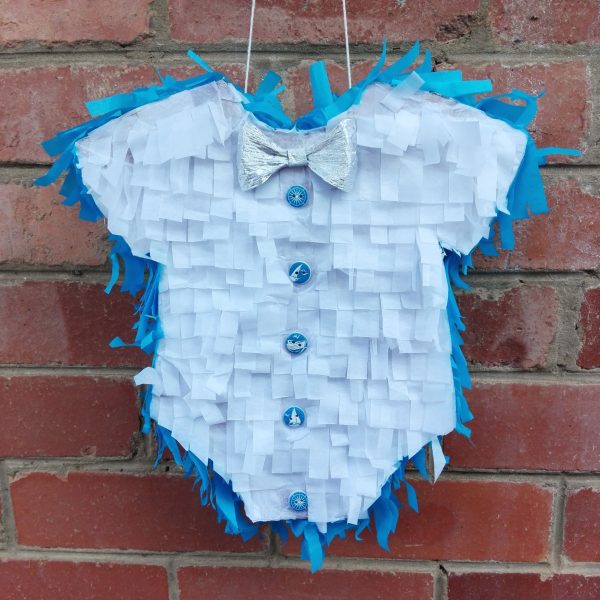 white and blue baby vest pinata