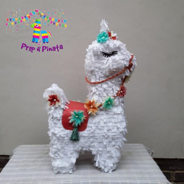 White Llama with Flowers Pinata with stick