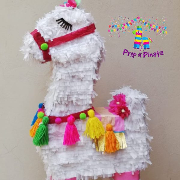 White Llama with colourful tassels Piñata with stick