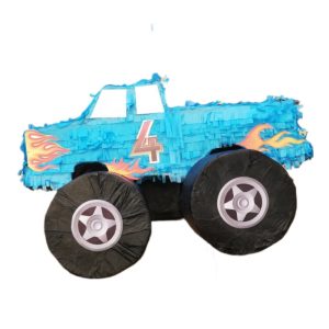 Blue monster truck pinata with flames
