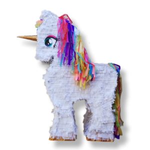 white unicorn pinata with rainbow mane and tail