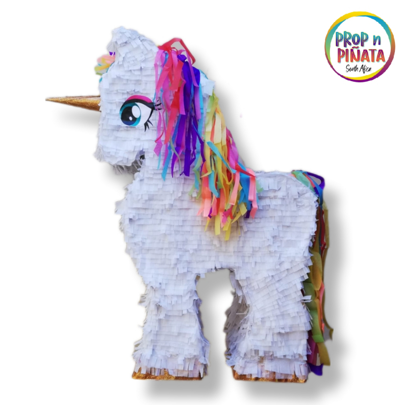 White Unicorn with Rainbow Mane Pinata and Stick propnpinata.co.za