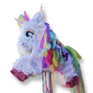 jumping unicorn pinata with rainbow mane