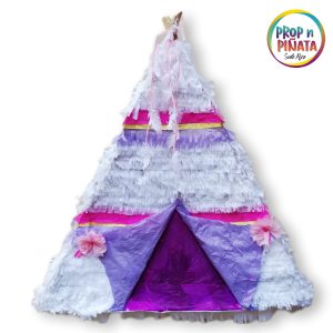 white teepee pinata with purple and pink details