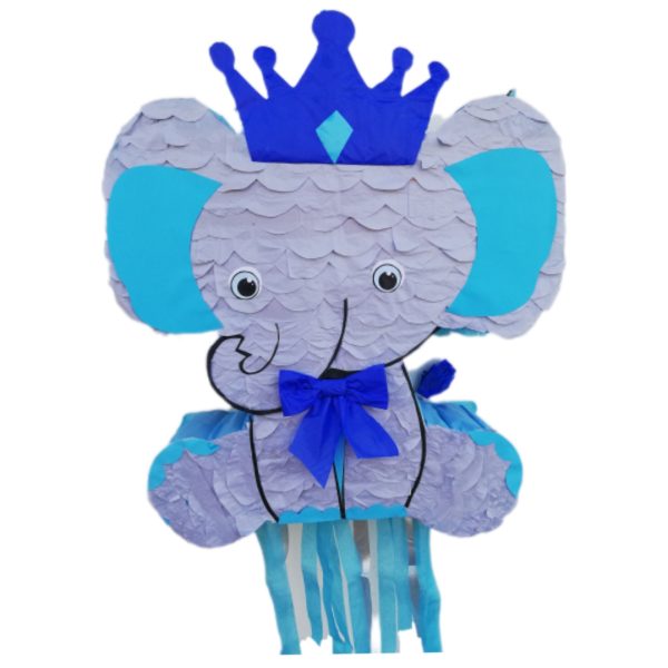 Grey elephant pinata with blue bow and crown on white background