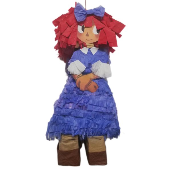 ragdoll pinata with blue dress anf red hair on white background